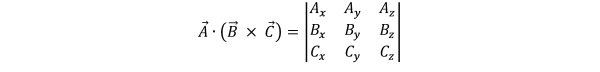 Producto escalar triple Sean A = (Ax, Ay, Az), B = (Bx, By, Bz) y C = (Cx, Cy, Cz) la operación entre estos tres vectores que combina el producto escalar con el producto vectorial, se le denomina producto escalar triple o producto mixto. ecuacion19 e1459182824162