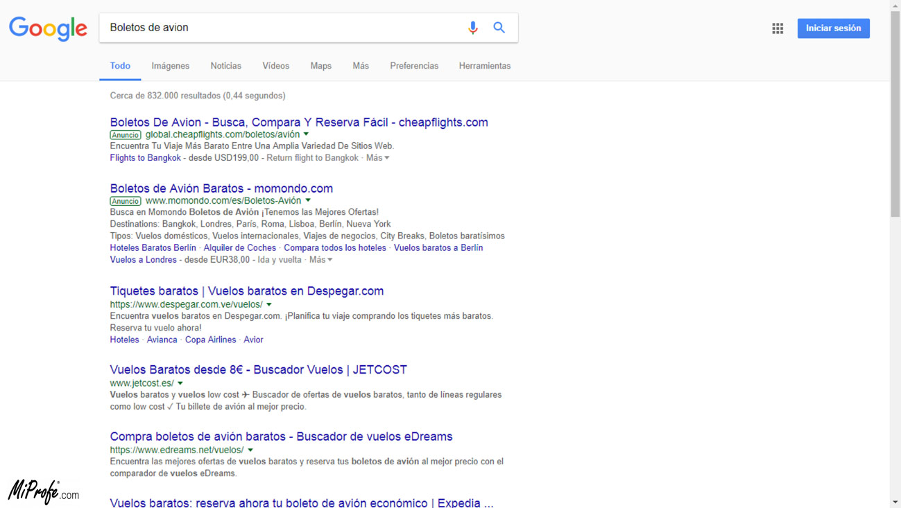 Posicionamiento Web o SEO Cuando alguien está buscando un contenido, producto o servicio como los que tú brindas, los motores de búsqueda, como Google, le ofrecen un listado de páginas web relevantes ante esa búsqueda. Los sitios web que aparecen entre los primeros resultados arrojados obtienen más del 90% de los clics. Llos usuarios no suelen ir más allá de las dos primeras páginas de resultados, por lo que si deseas que esa persona te encuentre, tienes que estar entre los primeros resultados. ¿Pero cómo lo logras? El SEO es la respuesta. SEO - ejemplo